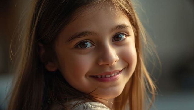 Smiling young girl turning head slightly with long brown hair and warm softlight closeup