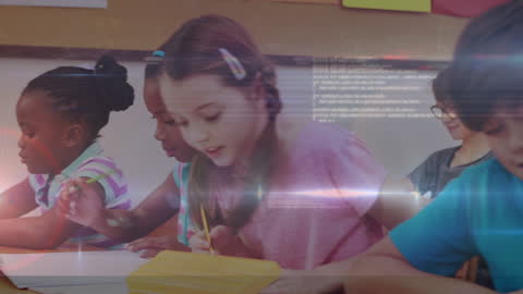 Diverse Students Engaged in Classroom Learning with Digital Overlay