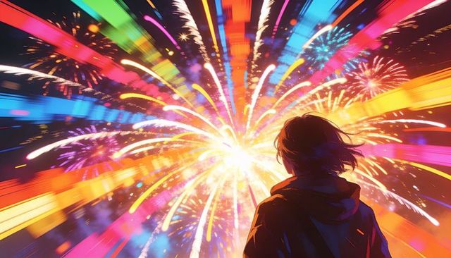 Silhouette in hoodie watching explosive color fireworks with neon light trails