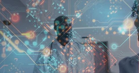 Holographic Circuitry Overlay Illustrating Futuristic Collaboration in Meeting Room