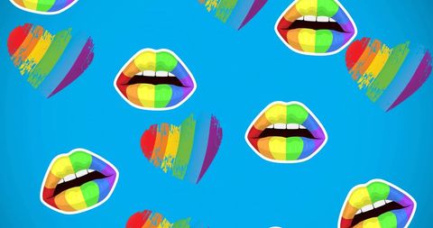 Colorful rainbow lips and hearts on vibrant blue background