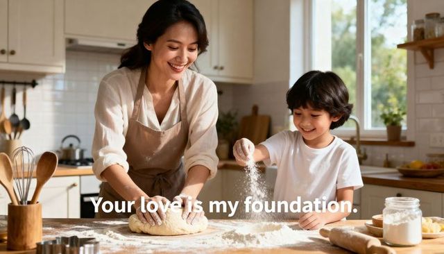 Mother and son baking bread together in sunlit kitchen kneading dough and sprinkling flour