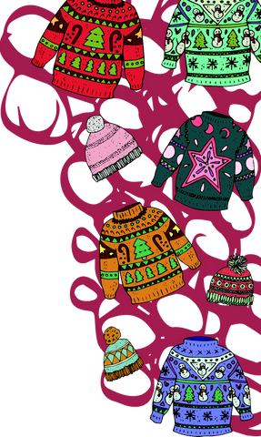 Bright and festive Christmas sweaters and hats displayed on a transparent background. Each piece features iconic holiday prints, such as Christmas trees, snowmen, and stars, in vibrant colors. Perfect for use in holiday-themed digital designs, crafting projects, or adding seasonal flair to websites and social media promotions.