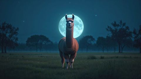 Majestic brown llama under moonlit sky in tranquil meadow