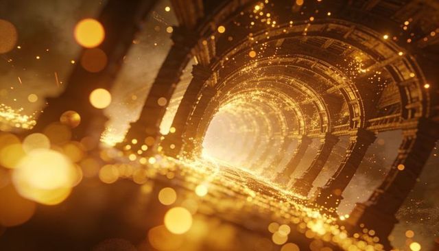 Golden arched portal with glowing bokeh and stone pillars radiant fantasy corridor