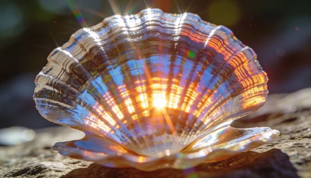 Iridescent scallop shell catching low-angle sunlight with rainbow refraction