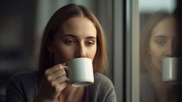 Sipping morning coffee while gazing through window reflecting calm contemplation quiet moment