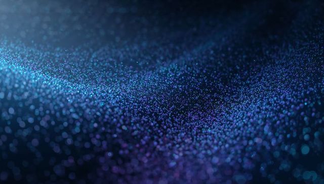 Shimmering blue-violet particle wave with bokeh glow, futuristic technology background