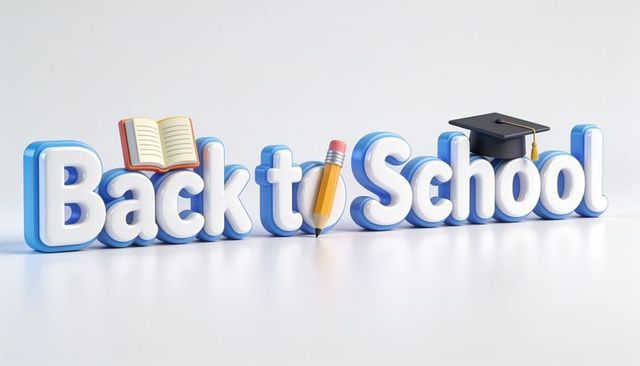 3d back to school letters with open book pencil graduation cap on glossy table