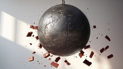 Wrecking ball crashing through bricks creating dynamic scene