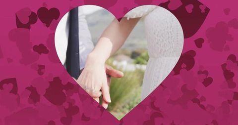 Romantic couple holding hands in heart frame over pastoral hills wedding love concept