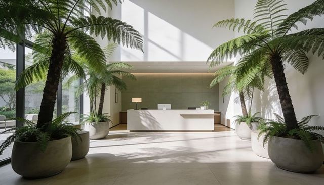 Sunlit minimalist lobby with white reception desk and large indoor ferns, glass facade modern design