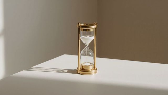 Elegant Golden Hourglass with Flowing White Sand on White Surface