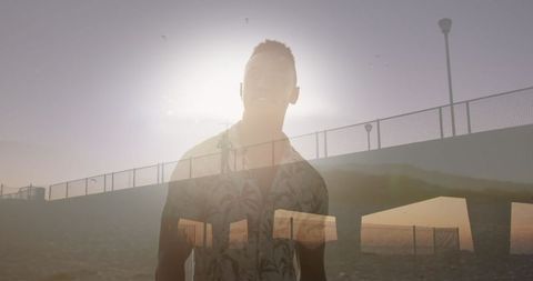 Man Enjoying Summer Beach with Sunset Double Exposure