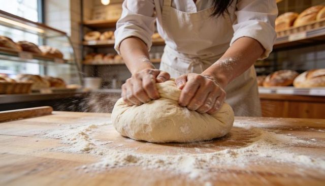 Kneading artisan bread dough on floured wooden counter in rustic bakery