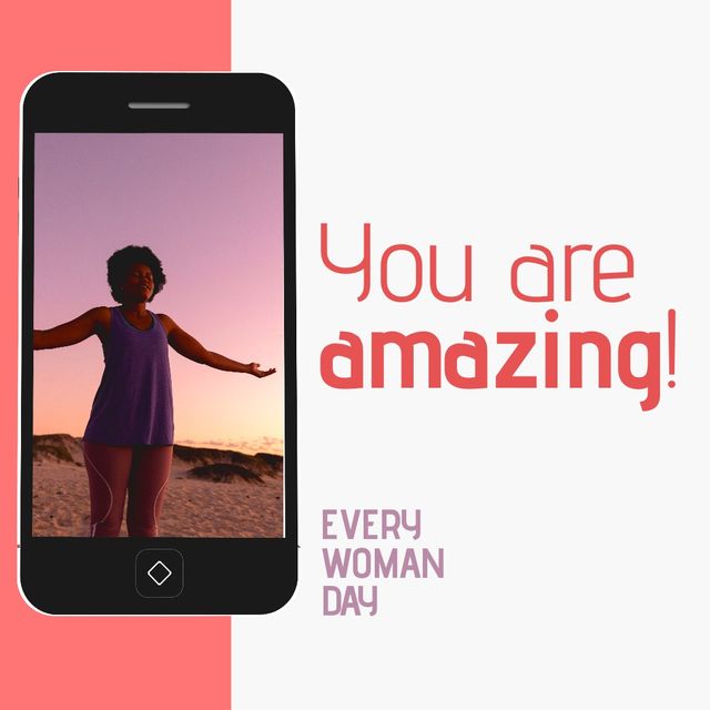 African american mature woman exercising in smartphone and you are amazing with every woman day text. Composite, technology, copy space, fitness, support, healthcare, awareness, prevention concept.
