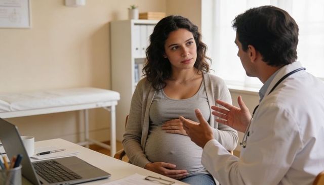 Pregnant woman discussing prenatal care with doctor during compassionate clinic consultation