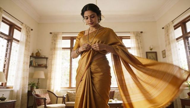 Indian woman adjusting golden silk saree smoothing pleats in sunlit living room