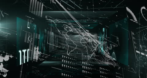 Glowing Digital World Map with Data Streams in Black Background