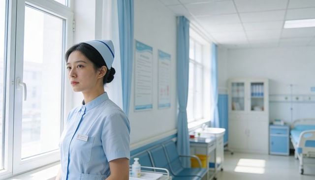 Nurse standing by ward window in light blue uniform looking thoughtful in bright hospital ward