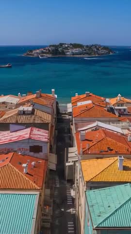Framing terracotta rooftops and alley leading to turquoise sea, island and boat wake (vertical video