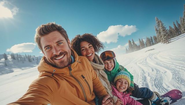 Family enjoying tobogganing adventure in snowy mountain landscape