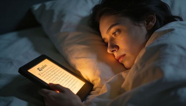 Young woman reading e-reader in bed at night, cozy amber light for bedtime relaxation