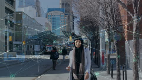 Woman in Hijab Walking Amidst Digital Network Animation