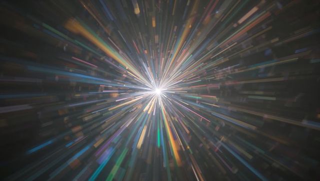 Radiant white burst with multicolored streaks in cosmic space