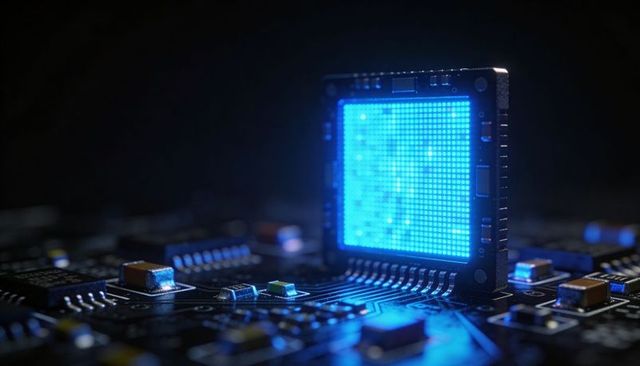 Glowing blue microdisplay module on circuit board with pixel grid and exposed pins