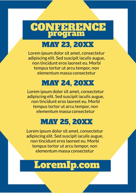 Dynamic blue and yellow template perfect for academic or corporate events. The bold design highlights key information making it easy to follow the event schedule. Ideal for use in creating agendas, promotional flyers, and marketing materials for professional gatherings. Customize text and dates to fit specific events and branding needs.