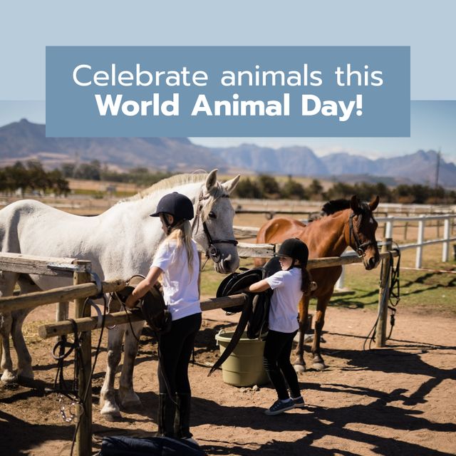 Image features two girls with horses on a sunny farm, wearing helmets and preparing for a ride. Perfect for promoting World Animal Day, equestrian activities, and rural tourism. Great for animal care blogs, educational materials, and social media posts celebrating animals and equestrian sports.