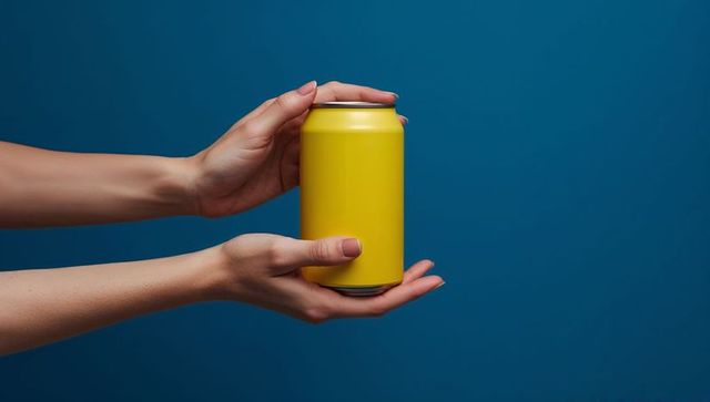 Hands Presenting Yellow Beverage Can Against Blue Background