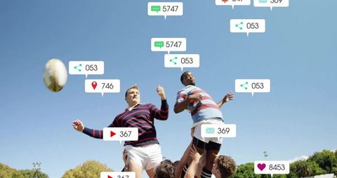 Rugby players reaching for ball amidst virtual social interactions