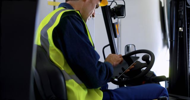 Warehouse worker wearing a safety vest and helmet using a tablet while operating a forklift. Useful for topics like modern logistics, warehouse management, industrial technology, and employee safety protocols.