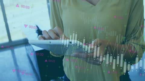 Businesswoman Analyzing Financial Data on Tablet with Graphs