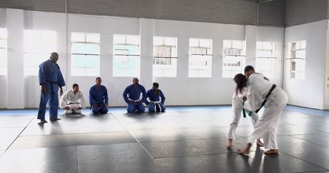 Grappling training in dojo with diverse participants observing