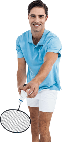 Smiling man holding badminton racquet transparent background