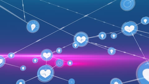 Digital Network Connections with Heart Icons and Light Trails