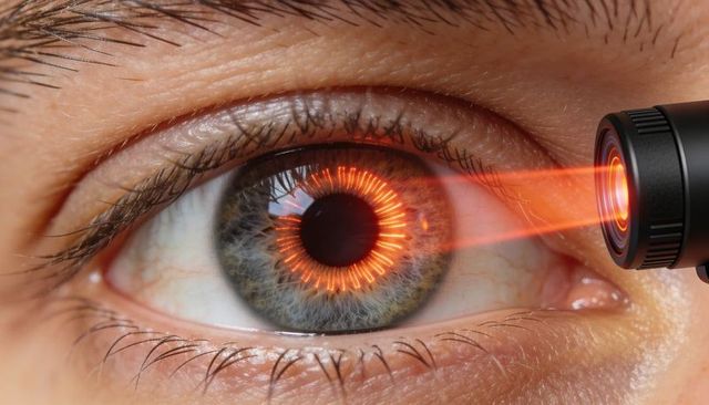 Scanning human eye with handheld iris scanner orange laser ring revealing iris detail