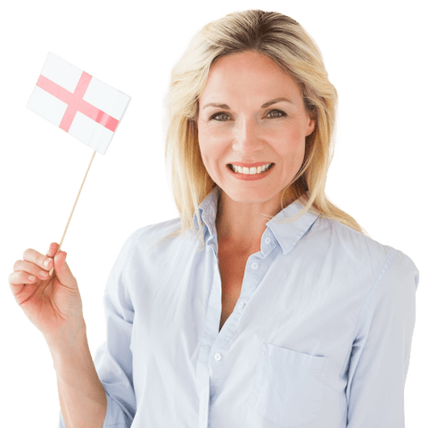 Smiling woman holding england flag on transparent background
