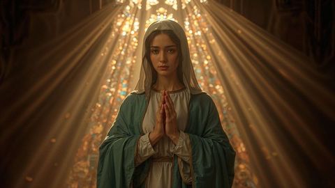 Devout worshipper the virgin mary in contemplative prayer in gothic cathedral