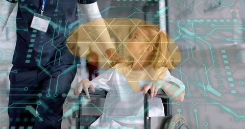 Nurse pushing child in wheelchair with digital brain overlay for pediatric healthcare technology