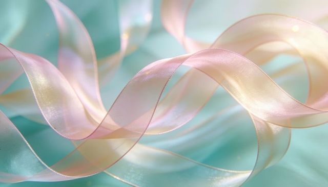 Curling pastel silk ribbons undulating over teal backdrop with iridescent sheen