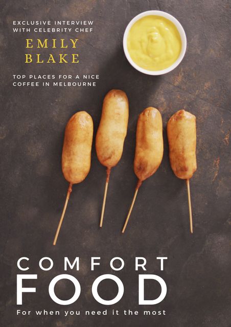 This image features a simple yet visually appealing arrangement of corndogs with a bowl of mustard sauce on a brown background. The editorial layout includes text highlighting an exclusive interview with a celebrity chef and mentions top places for coffee in Melbourne. Ideal for use in articles about comfort food, culinary magazines, restaurant reviews, and food blogs.