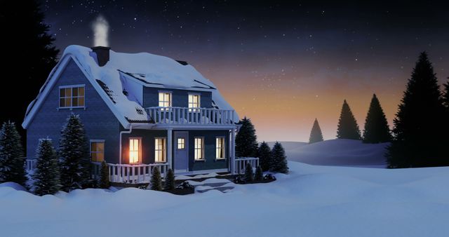 Illustration of house and snow covered trees on a snowy landscape during christmas time 4k