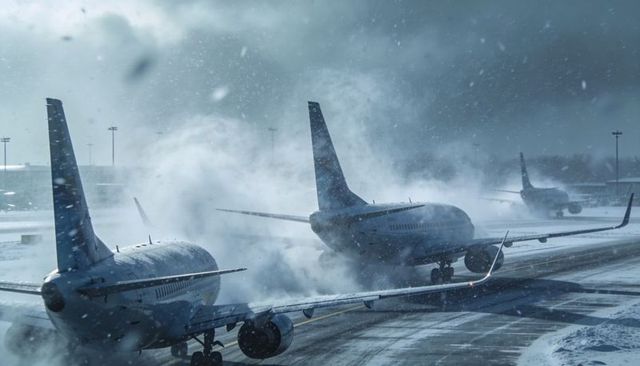 Jets taxiing through heavy snow at airport with engines kicking up plumes, winter operations