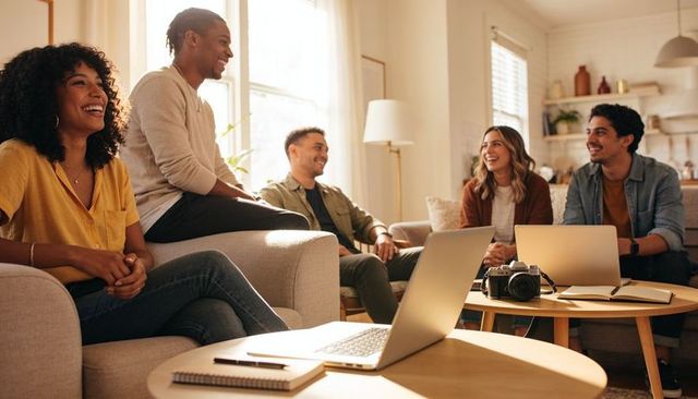 Young professionals collaborating in cozy living room with laptops and camera