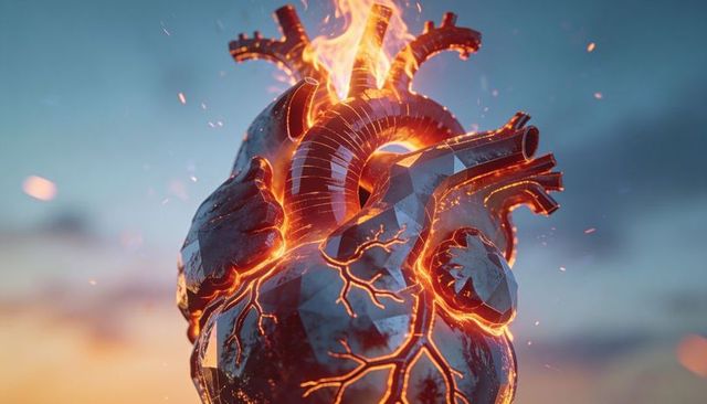 Glowing metallic anatomical heart sculpture emitting molten light and floating sparks