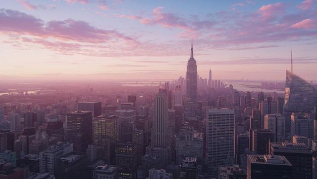 Manhattan sunset skyline with empire state building dominating pastel urban panorama